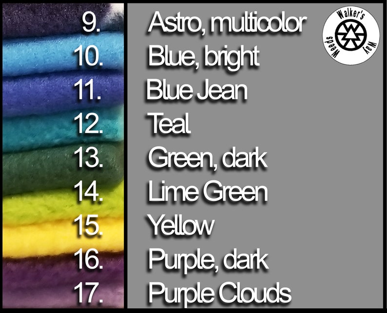 May include: A stack of 9 fabric swatches in various colors, including astro, blue, teal, green, lime green, yellow, and purple. The swatches are labeled with numbers 9 through 17. The text "Walker's Weeds" is visible in the upper right corner of the image.