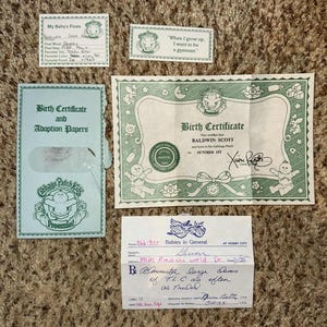 May include: A collection of Cabbage Patch Kids memorabilia, including a birth certificate, adoption papers, and a prescription. The items are in shades of green and white, with text that reads "My Baby's Firsts" and "Birth Certificate."