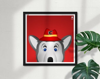 Minimalist Harvey The Hound Square Poster Print Calgary Flames Mascot - NHL Licensed Limited Edition Peeker Art Wall Decor by S. Preston