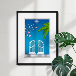 May include: Framed art print featuring a blue background with two white and silver trophy-like structures. The print includes a cherry blossom branch and a palm frond. The artwork is framed in a black frame and mounted on a white wall.