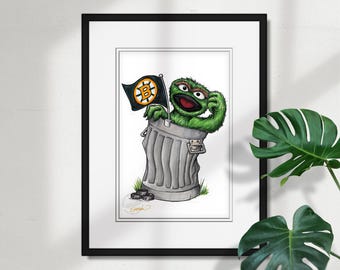 Boston Bruins Oscar the Grouch Sketch Print - NHL and Sesame Street Licensed Limited Edition Art Wall Decor Print by S. Preston