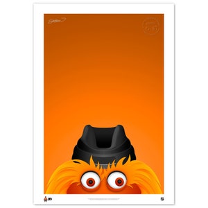 May include: A bright orange background with a black and orange fuzzy mascot peeking out from the bottom. The mascot has large, round, red eyes and a black hat.