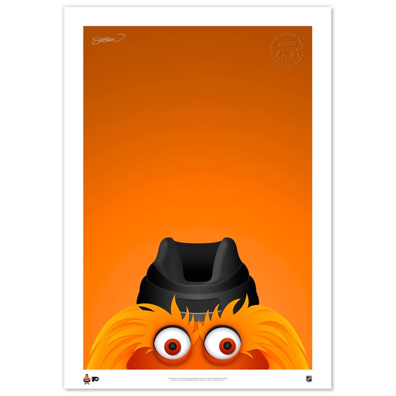 May include: A bright orange background with a black and orange fuzzy mascot peeking out from the bottom. The mascot has large, round, red eyes and a black hat.