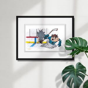 Tasmanian Devil San Jose Sharks Sketch Print - NHL and Looney Tunes Licensed Limited Edition Art Wall Decor Poster Print by S. Preston