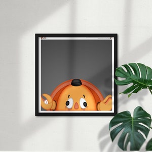 May include: A cartoon character with orange skin and large eyes peeks out from behind a black frame. The character is wearing a black hat and has a white baseball in its hand.
