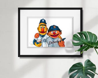 Detroit Tigers Bert und Ernie Sketch Print - MLB und Sesamstraße Lizenzierte Limitierte Kunst Wand Dekor Poster Druck von S. Preston
