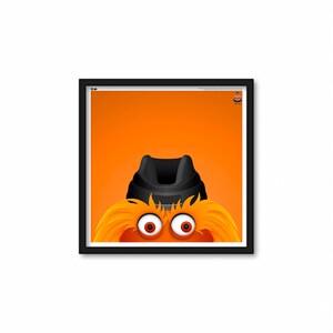May include: A digital illustration of a cartoon orange fuzzy creature with a black hat and large eyes. The creature is peeking over the top of a bright orange background.