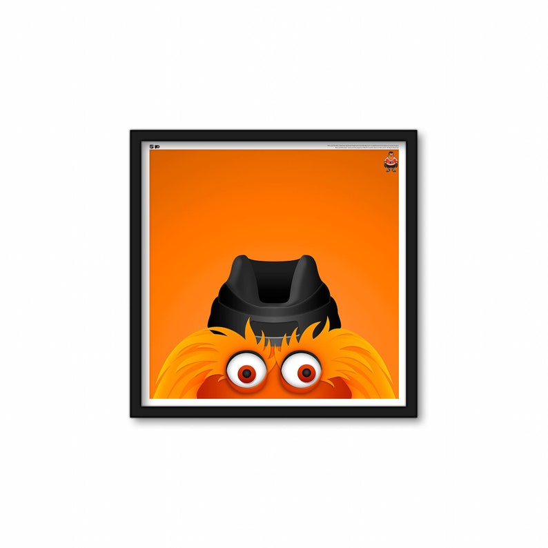 May include: A digital illustration of a cartoon orange fuzzy creature with a black hat and large eyes. The creature is peeking over the top of a bright orange background.