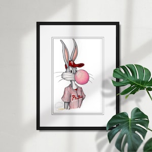 May include: A black and white illustration of Bugs Bunny wearing a red baseball cap with a white "P" on it. He is wearing a red and white striped jersey with the word "Phillies" on it. He is blowing a pink bubble.