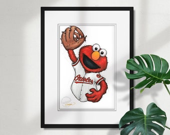 Baltimore Orioles Elmo Sketch Print - MLB and Sesame Street Licensed Limited Edition Art Wall Decor Poster Print by S. Preston