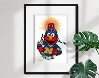 Lámina de Elmo de los Wolverines de la Universidad de Michigan - Arte con licencia de la NHL y Sesame Street por S. Preston