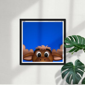 May include: A cartoon moose with brown fur and large eyes peeks over the top of a blue background. The moose has black eyelashes and eyebrows.