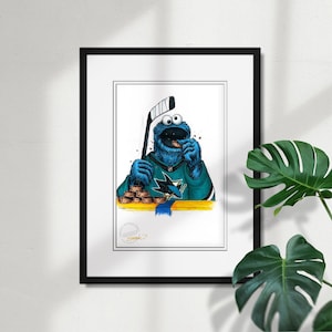 Impression de croquis Cookie Monster Sharks de San Jose - Impression d'affiche de décoration murale d'art en édition limitée sous licence LNH et Sesame Street par S. Preston