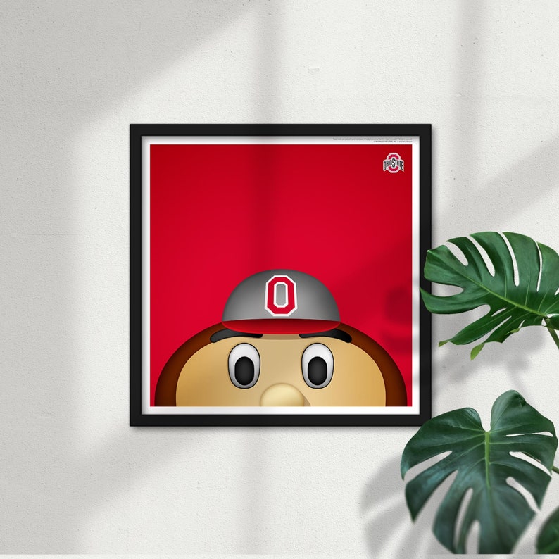 May include: A framed illustration of a cartoon mascot wearing a red and white hat, against a red background, with the text "Ohio State" in the top right corner.