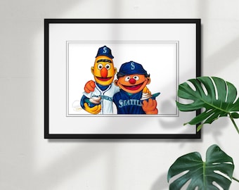 "Seattle Mariners Bert und Ernie Sketch Print - MLB und Sesamstraße Lizenzierte ""Limited Edition"" Kunst Wand Dekor Poster Druck von S. Preston."