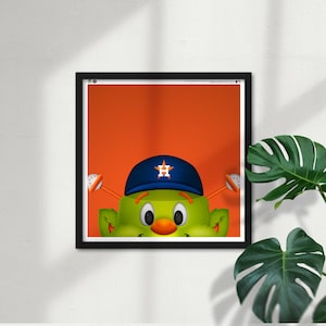 Órbita Minimalista - Mascote do Houston Astros - Impressão em Pôster Quadrado de Decoração de Parede Peeker Art de Edição Limitada Licenciada pela MLB por S. Preston