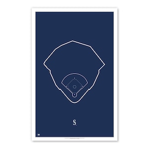 May include: A white outline of a baseball field on a dark blue background. The field is shaped like a diamond with a pitcher's mound and home plate. The Seattle Mariners logo, a stylized "S", is in the bottom center of the image.