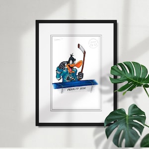 Impression de croquis Daffy Duck Sharks de San Jose - impression d'affiche de décoration murale d'art sous licence LNH et Looney Tunes par S. Preston
