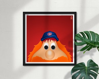 Puede incluir: Una ilustración enmarcada de una mascota de dibujos animados con un fondo rojo. La mascota tiene una barba roja, cabello naranja y lleva una gorra de béisbol azul con las letras "CH" en ella. La mascota tiene ojos grandes y redondos y una nariz grande y redonda.