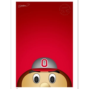 May include: A red background with a cartoon mascot's face peeking out from the bottom. The mascot has a grey cap with a red "O" on it, brown eyebrows, and large black eyes.