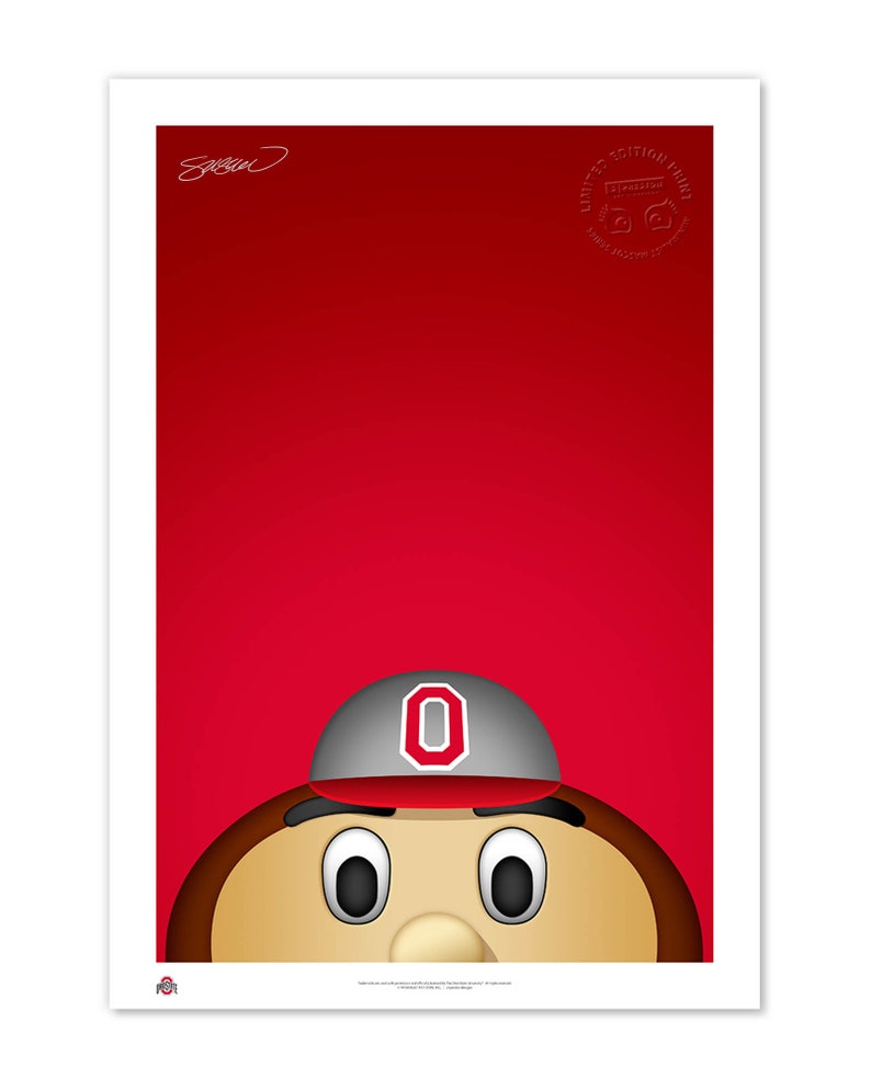 May include: A red background with a cartoon mascot's face peeking out from the bottom. The mascot has a grey cap with a red "O" on it, brown eyebrows, and large black eyes.