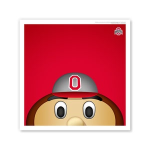 May include: A cartoon mascot wearing a red and grey baseball cap with a white "O" on it. The mascot has brown skin, large eyes, and a red nose. The background is red with the Ohio State logo in the top right corner.