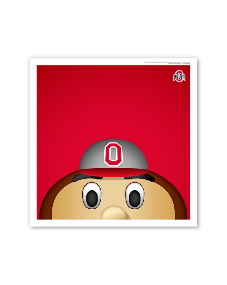May include: A cartoon mascot wearing a red and grey baseball cap with a white "O" on it. The mascot has brown skin, large eyes, and a red nose. The background is red with the Ohio State logo in the top right corner.