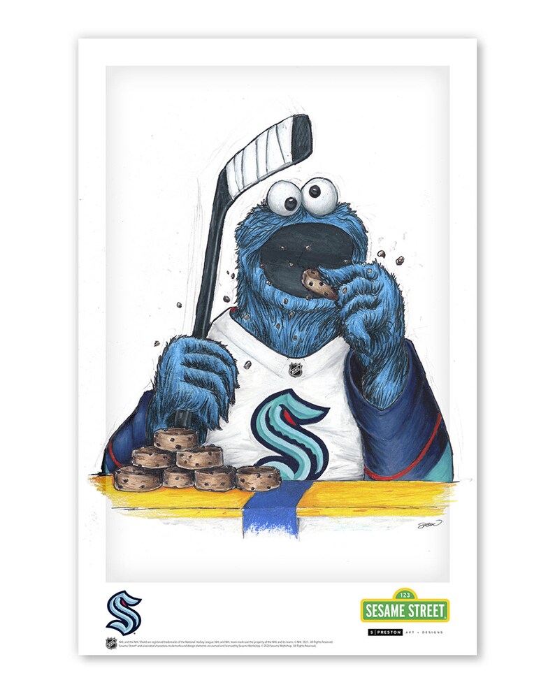Seattle Kraken Cookie Monster Sketch Print - NHL and Sesame Street ...