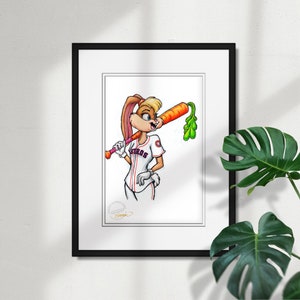 May include: A cartoon illustration of Bugs Bunny dressed as a baseball player, holding a carrot bat with a green leafy top. She is wearing a white jersey with the word "Astros" in purple and orange letters. The background is white.