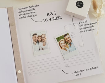 Puede incluir: Un álbum de fotos beige con dos fotos, las iniciales "R & J" y la fecha "16.9.2022" impresas en la página. El álbum incluye una caja de esquinas para fotos y espacio para escribir "De".
