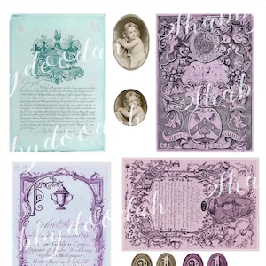 Conjunto de peças efêmeras vitorianas, 8 pg, 6 selos vintage, cartões postais, etiquetas de ingressos, diário, lixo, diário para impressão