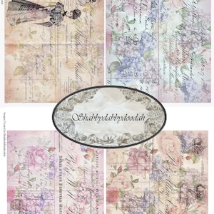 6 páginas simples e decoradas, papelada de fatura vintage, cartões de diário, lixo para impressão - criação de cartões, coisas efêmeras, etiquetas divertidas, conjunto completo de etiquetas