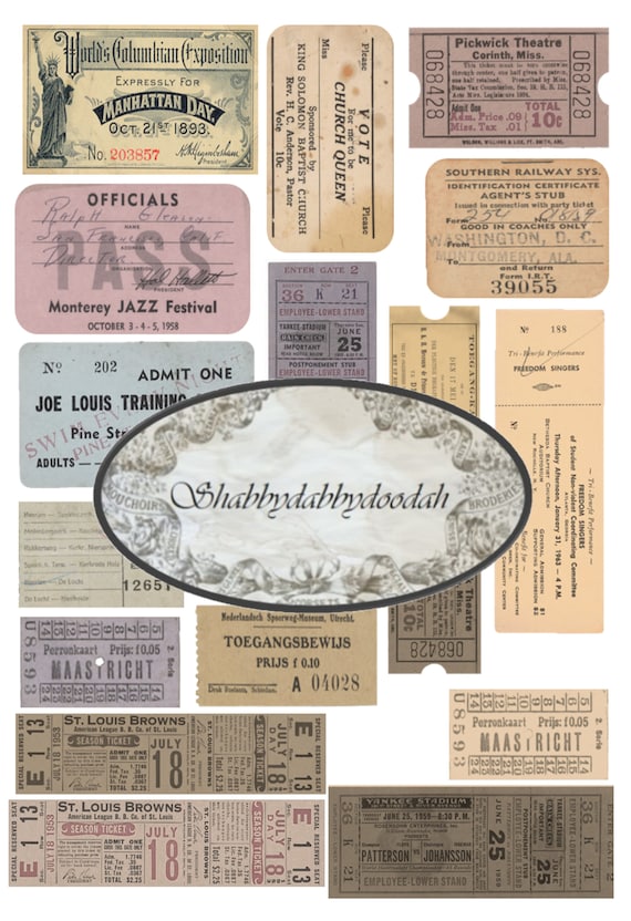 1 Pg Assorted TICKETS Vintage Floral Ticket Fussy Cuts Journaling Cards Junk Journal Printable Card Making Ephemera Labels Complete Set