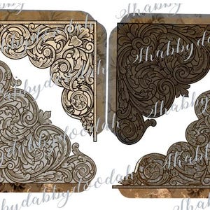 May include: A collection of four decorative corner elements featuring intricate scrollwork and acanthus leaf patterns. Two designs are rendered in a light cream tone with dark outlines, while the other two are in a dark brown shade.