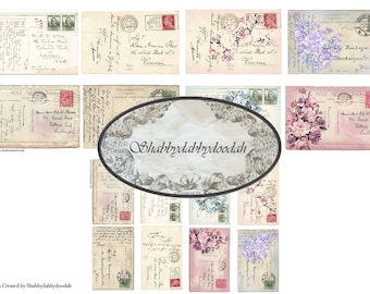 3 Pg Plain & Decorated Vintage Postcartds Paperwork Journaling Cards Junk Journal Printable - Card Making Ephemera fun Labels Tags Set