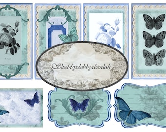 May include: Set of eight vintage-style printable tags with a blue and green color scheme. The tags feature floral designs, butterflies, and the text "Shabblydabblydoodah".
