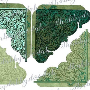 Peut inclure: Un ensemble de quatre ornements de coin décoratifs présentant des motifs complexes de volutes et de feuilles d'acanthe dans des nuances de vert variées, allant du sauge clair au sarcelle profond, avec un filigrane textuel superposé.