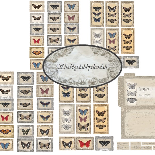 CURATORS COLLECTION ENTOMOLOGY - 5 Pg Inc Storage File Folder Vintage Butterfly Themed Journaling Cards Junk Journal Printable - Card Making