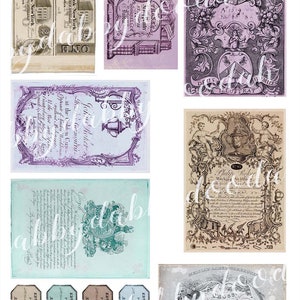 Może przedstawiać: Cyfrowy kolaż vintage'owych obraz&oacute;w z ozdobnymi ramami, tekstem i ilustracjami. Obrazy są w odcieniach fioletu, błękitu, zieleni i brązu. Tekst zawiera "Bank New York", "Deus Illustrat", "Philip Roker" i "Edward Goodban".