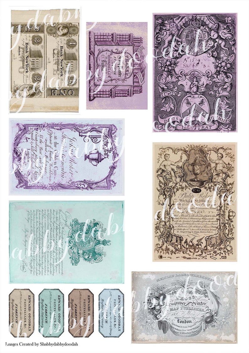 Może przedstawiać: Cyfrowy kolaż vintage'owych obraz&oacute;w z ozdobnymi ramami, tekstem i ilustracjami. Obrazy są w odcieniach fioletu, błękitu, zieleni i brązu. Tekst zawiera "Bank New York", "Deus Illustrat", "Philip Roker" i "Edward Goodban".