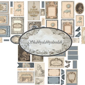5 Pg BLUE BAROQUE  Vintage Louis XVI French Themed Postcards Envelopes Tickets Tags Journaling Cards Junk Journal Printable Card Making