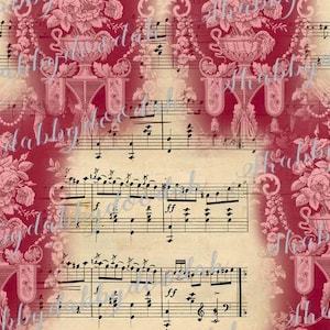 May include: A digital pattern featuring a deep red background with a repeating toile-style design of floral bouquets in urns, interspersed with vintage musical notation sheets. The text "shabby dabby doo dah" is overlaid across the image.