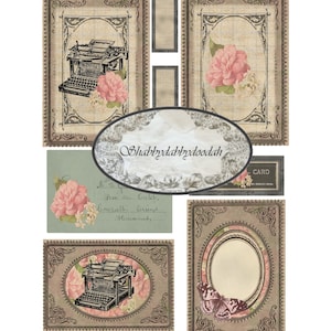 6 Pg VINTAGE BUREAU DIGITAL Fussy Cuts Ensemble de cartes de journalisation éphémères paperasse Billets Annonces Roses Bureau fleur