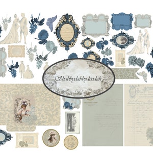 Blue VINTAGE - 26 pagina's Junk Journal Printable Kit Vintage Images - complete Travelers Notebooks digitale Digi Floral Coffee Died Fussy Cuts
