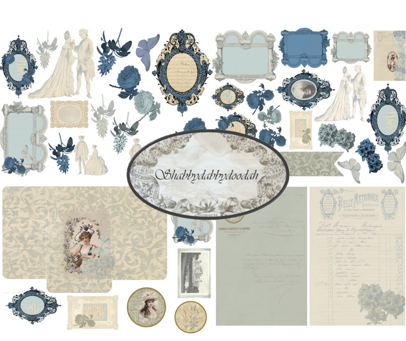 Może przedstawiać: Zbi&oacute;r cyfrowych element&oacute;w papieru do scrapbookingu w stylu vintage w kolorze niebieskim, białym i beżowym. Elementy obejmują ramki, kwiaty, motyle i tekst. Tekst brzmi "Shabbydabbydoodah".