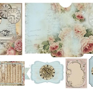 Könnte beinhalten: Eine Sammlung digitaler Papierelemente mit hellblauen Hintergründen, zarten rosa Rosenclustern, Vintage-Uhrenzifferblättern mit römischen Ziffern, kursiver Schrift, Notenblättern und verzierten Rahmen mit leeren Zentren für kreative Projekte.