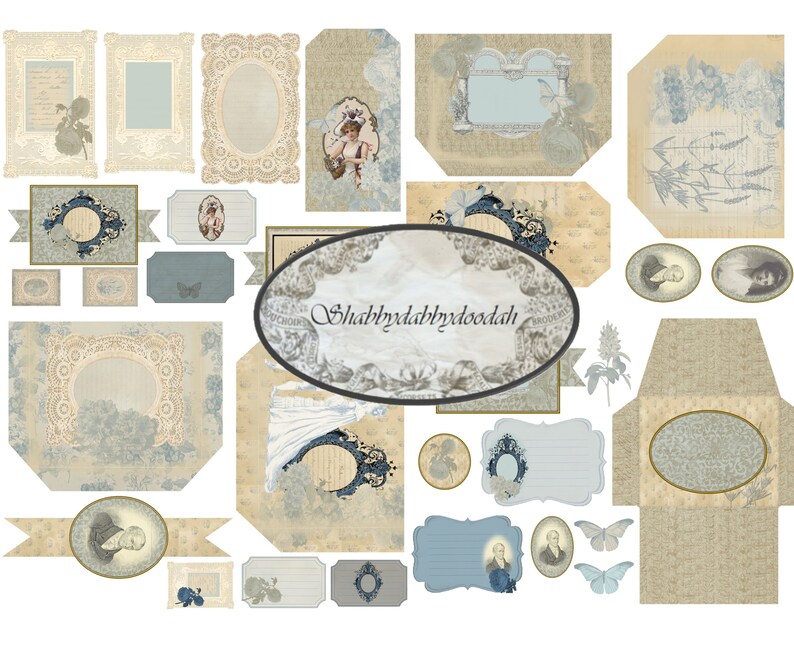 Może przedstawiać: Zbi&oacute;r cyfrowych element&oacute;w scrapbookingu w stylu vintage w odcieniach niebieskiego, beżowego i białego. Elementy obejmują ramki, etykiety i ozdobne ozdoby z kwiatowymi i koronkowymi wzorami. Tekst "Shabbydabbdydoodah" znajduje się na jednym z element&oacute;w.