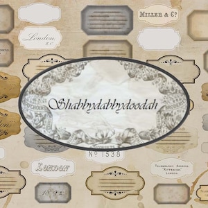 May include: A collection of vintage-style labels with ornate borders and text. The labels are in various shades of brown, grey, and white. The text on the labels includes "London", "Miller & Co", "Telegraphic Address: "Kittenish, London", "Telegraphic Address: "Fewster, Hull", "Lancer", "Shabbydabbydoodah", and "No 1538".
