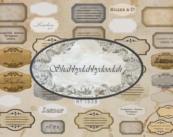 May include: A collection of vintage-style labels with ornate borders and text. The labels are in various shades of brown, gray, and white. The text on the labels includes "London", "Miller & Co", "Telegraphic Address: "Kittenish, London", "Telegraphic Address: "Fewster, Hull", "Lancer", "Shabbydabbydoodah", and "No 1538".