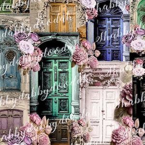 35 pg COLEÇÃO FANTASY DOORS Lindas páginas de fundo com tema digital, portas florais, cartões de registro de diário, diário de lixo para impressão, rosa